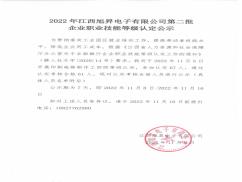 2022年江西旭昇電子有限公司第二批企業(yè)職業(yè)技能等級認定公示